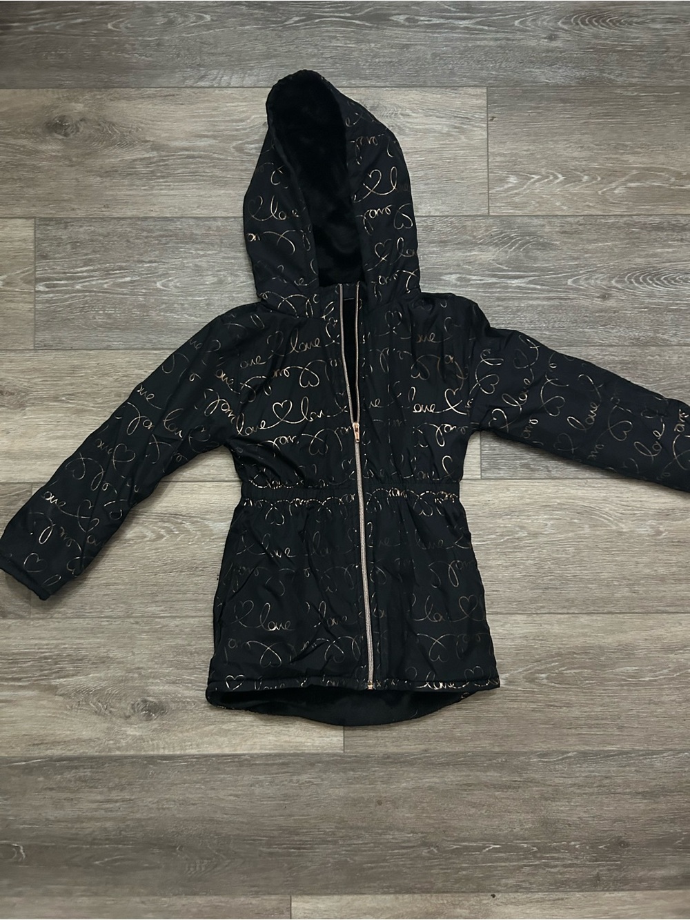 Girls' Black Hooded Puffer Coat with Gold Script